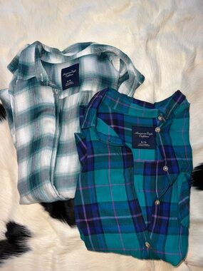 American Eagle Outfitters Teal & Green Plaid Button-Down Tops